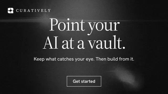 Landscape graphic for Curatively: "Point your AI at a vault." Dark deco style, centred layout, dark palette in black, grey.