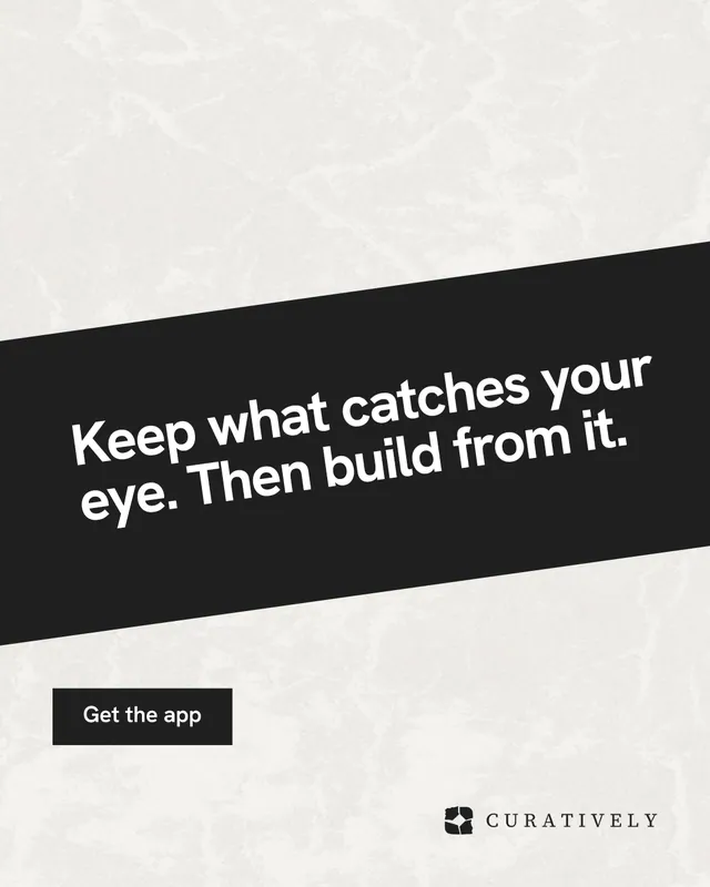 Instagram portrait post for Curatively: "Keep what catches your eye. Then build from it." Swiss style, diagonal layout, light palette in white, black, grey.