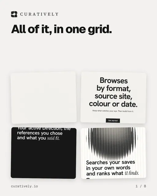 Carousel for Curatively: "All of it, in one grid.". Collection carousel, 8 slides, light palette.