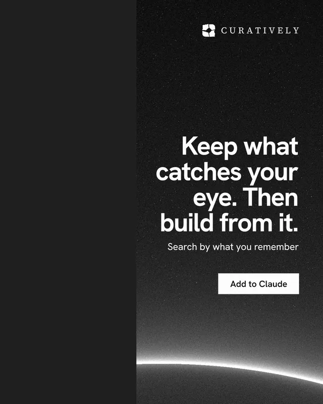 Instagram portrait post for Curatively: "Keep what catches your eye. Then build from it." Swiss style, right layout, dark palette in black, grey.