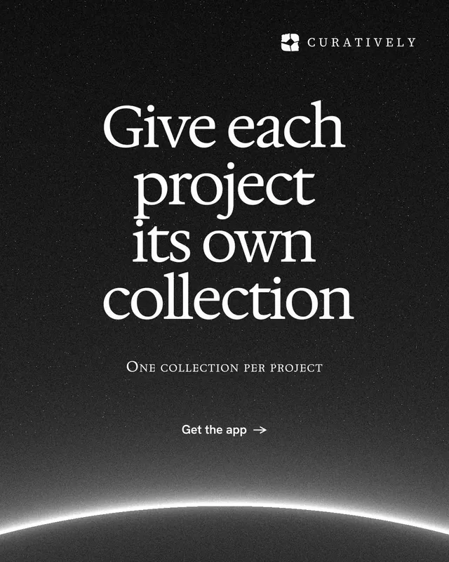 Instagram portrait post for Curatively: "Give each project its own collection". Swiss style, smallcaps layout, dark palette in black, grey.