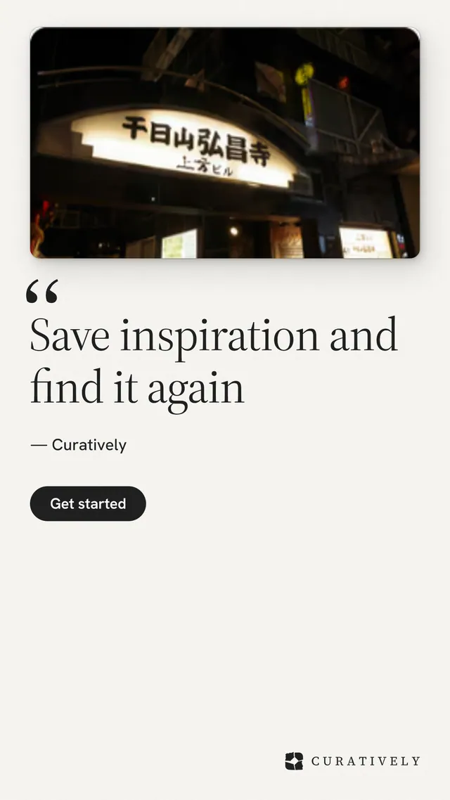Instagram story for Curatively: "Save inspiration and find it again". Data card style, quote layout, light palette in white, grey.