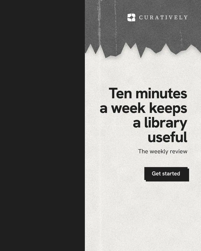 Instagram portrait post for Curatively: "Ten minutes a week keeps a library useful". Paper trio style, right layout, light palette in black, white, grey.