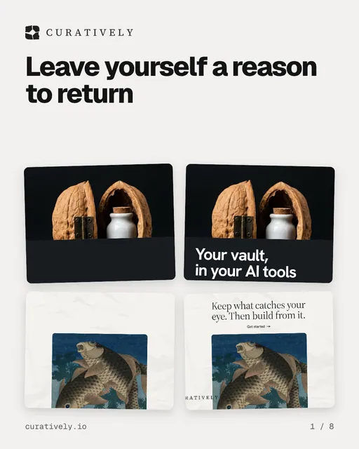 Carousel for Curatively: "Leave yourself a reason to return". Collection carousel, 8 slides, light palette.