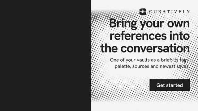 Landscape graphic for Curatively: "Bring your own references into the conversation". Swiss style, right layout, light palette in black, white, grey.