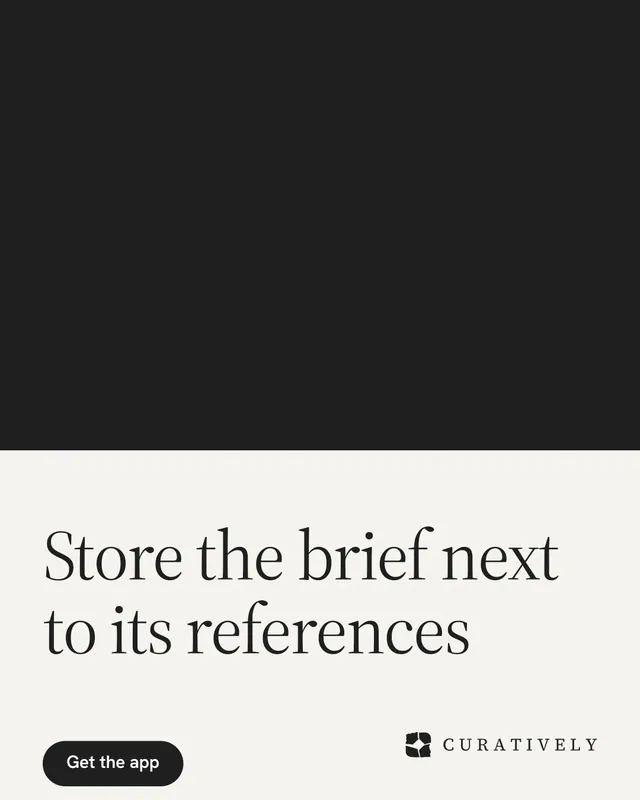 Instagram portrait post for Curatively: "Store the brief next to its references". Data card style, bottom layout, light palette in black, white.