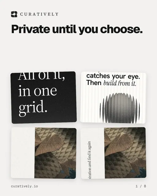 Carousel for Curatively: "Private until you choose.". Collection carousel, 8 slides, light palette.