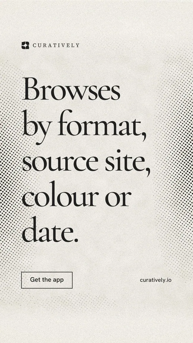 Instagram story for Curatively: "Browses by format, source site, colour or date." Editorial style, poster layout, light palette in yellow, white, grey.