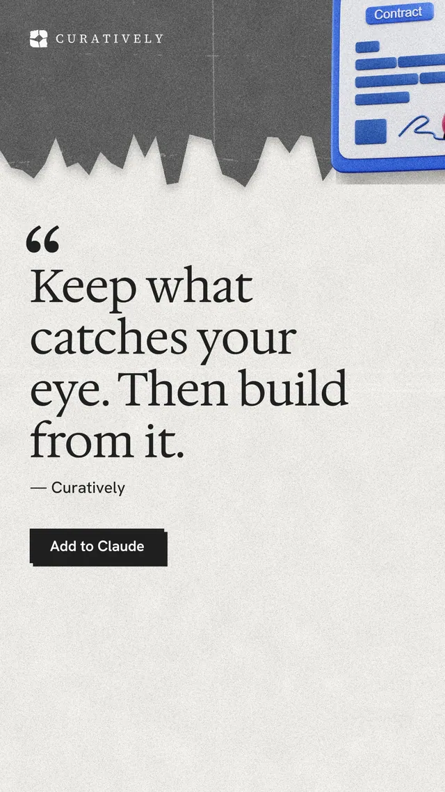 Instagram story for Curatively: "Keep what catches your eye. Then build from it." Paper trio style, quote layout, light palette in white, grey.