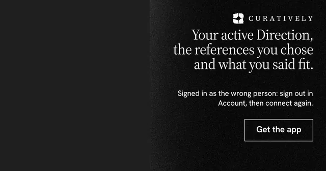 Social ad for Curatively: "Your active Direction, the references you chose and what you said fit." Dark deco style, right layout, dark palette in black, grey.
