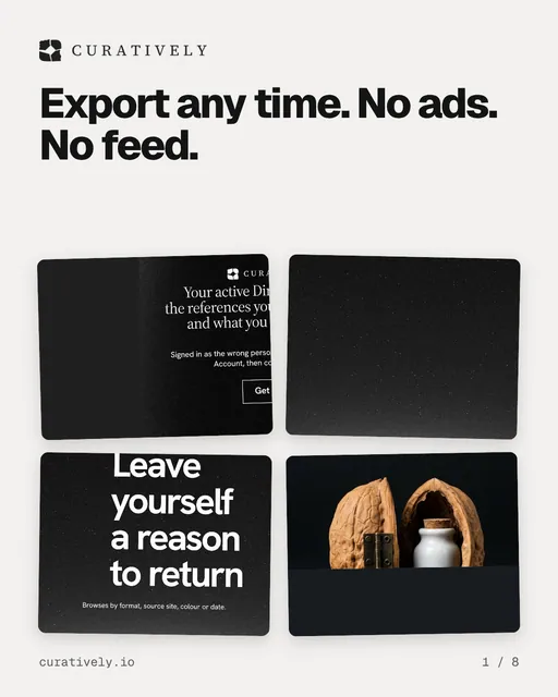 Carousel for Curatively: "Export any time. No ads. No feed.". Collection carousel, 8 slides, light palette.