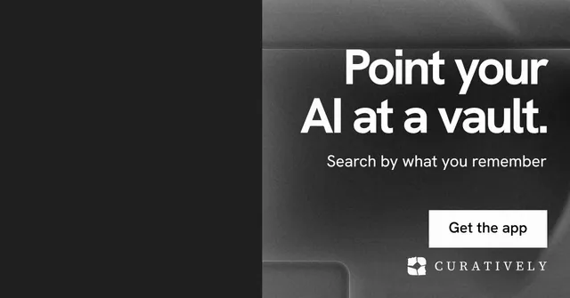 Social ad for Curatively: "Point your AI at a vault." Swiss style, right layout, dark palette in black, grey.