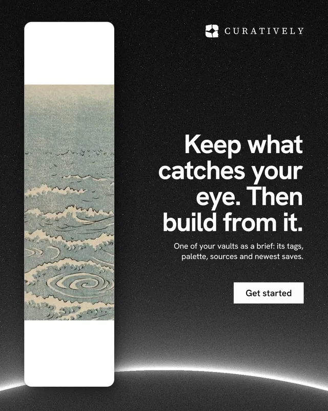 Instagram portrait post for Curatively: "Keep what catches your eye. Then build from it." Swiss style, right layout, dark palette in grey, black.