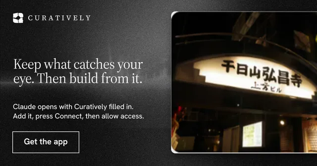 Social ad for Curatively: "Keep what catches your eye. Then build from it." Dark deco style, bottom layout, dark palette in black, grey.