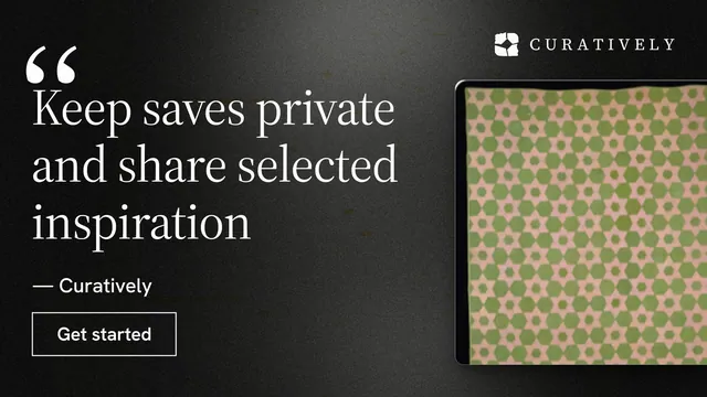 Landscape graphic for Curatively: "Keep saves private and share selected inspiration". Dark deco style, quote layout, dark palette in black, grey, yellow.