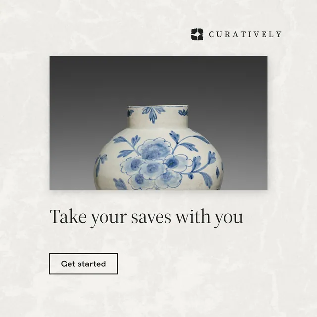 Instagram post for Curatively: "Take your saves with you". Editorial style, bottom layout, light palette in white, grey.