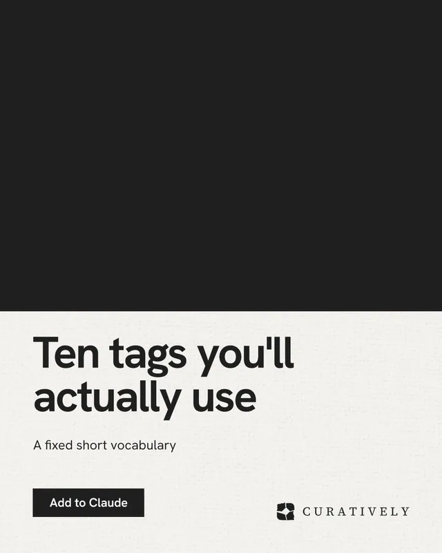 Instagram portrait post for Curatively: "Ten tags you'll actually use". Swiss style, bottom layout, light palette in black, white.