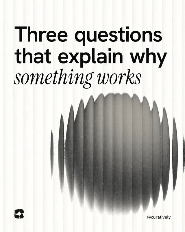 Instagram portrait post for Curatively: "Three questions that explain why something works". Auto 4x5 style, technique:shader field layout, light palette in white, grey.