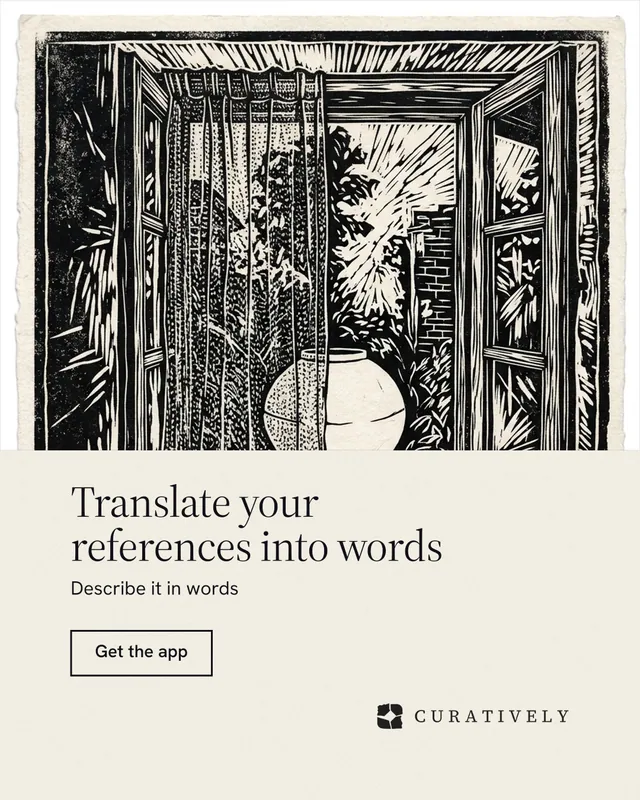 Instagram portrait post for Curatively: "Translate your references into words". Editorial style, bottom layout, light palette in yellow, black, grey.