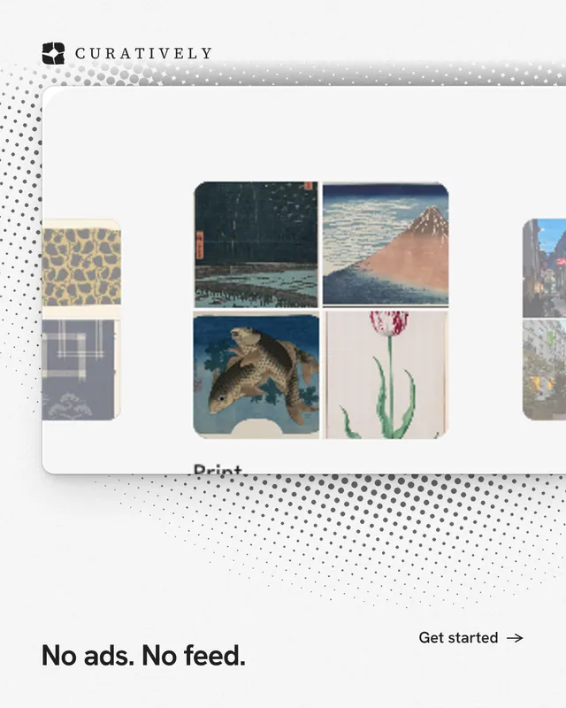 Instagram portrait post for Curatively: "No ads. No feed." Swiss style, image led layout, light palette in white, grey.