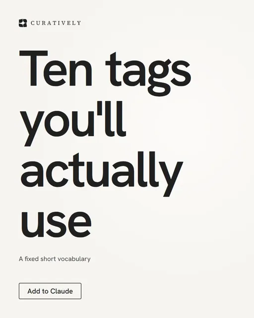Video for Curatively: "Ten tags you'll actually use". Doc motion loop, 6.0 s, light palette.