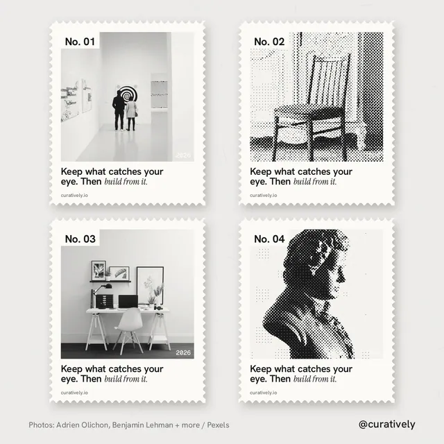 Instagram post for Curatively: "Keep what catches your eye. Then build from it." Sheet style, technique:stamp series layout, light palette in white, grey.
