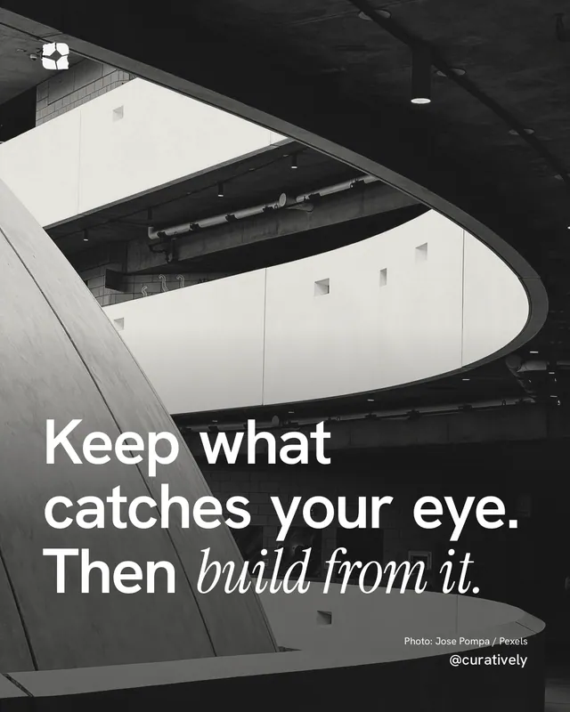 Instagram portrait post for Curatively: "Keep what catches your eye. Then build from it." Duotone style, technique:pexels ingredient layout, dark palette in black, grey, white.