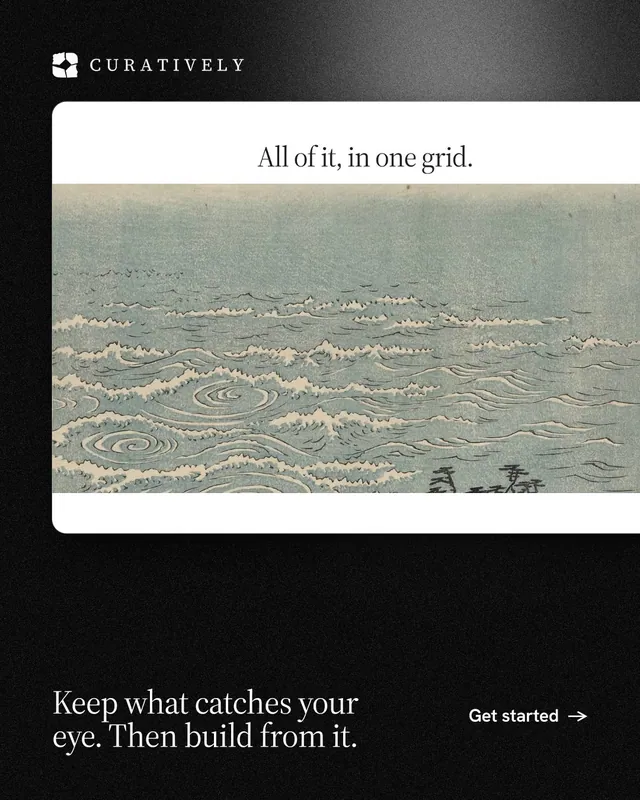 Instagram portrait post for Curatively: "Keep what catches your eye. Then build from it." Dark deco style, image led layout, dark palette in grey, black, white.
