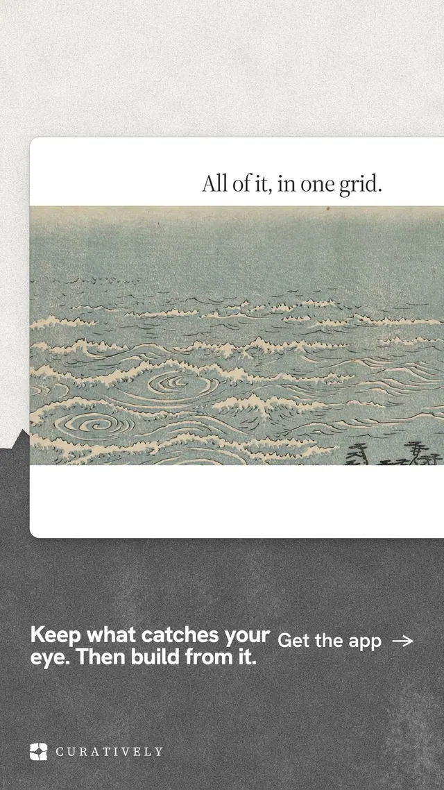 Instagram story for Curatively: "Keep what catches your eye. Then build from it." Paper trio style, image led layout, light palette in grey, white.