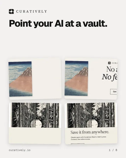 Carousel for Curatively: "Point your AI at a vault.". Collection carousel, 8 slides, light palette.