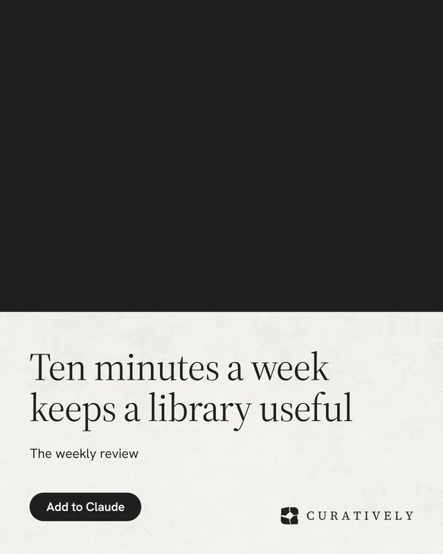 Instagram portrait post for Curatively: "Ten minutes a week keeps a library useful". Data card style, bottom layout, light palette in black, white, grey.