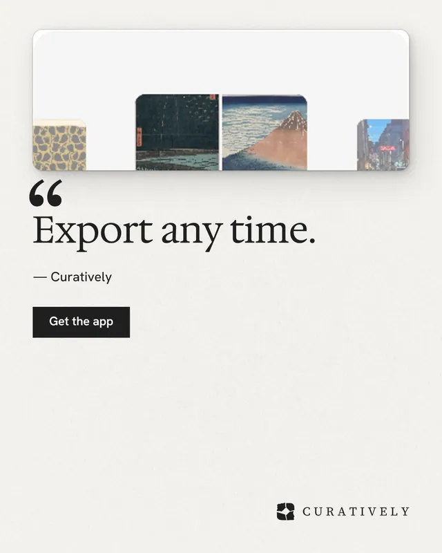 Instagram portrait post for Curatively: "Export any time." Swiss style, quote layout, light palette in white, grey.