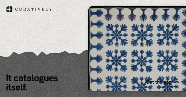 Social ad for Curatively: "It catalogues itself." Paper trio style, image led layout, light palette in white, grey.