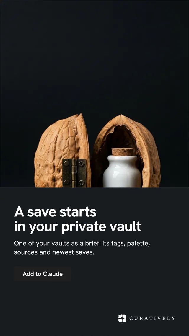 Instagram story for Curatively: "A save starts in your private vault". Swiss style, bottom layout, dark palette in black, grey.
