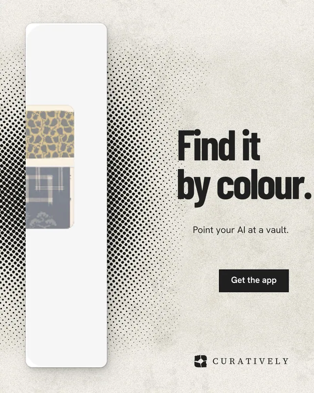 Instagram portrait post for Curatively: "Find it by colour." Ink sticker style, right layout, light palette in yellow, white, grey.