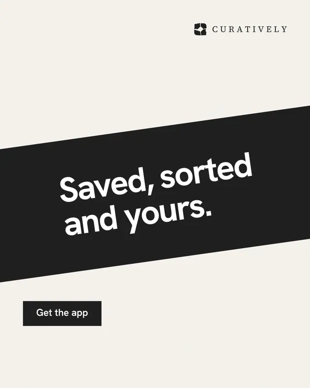 Instagram portrait post for Curatively: "Saved, sorted and yours." Swiss style, diagonal layout, light palette in white, black, grey.