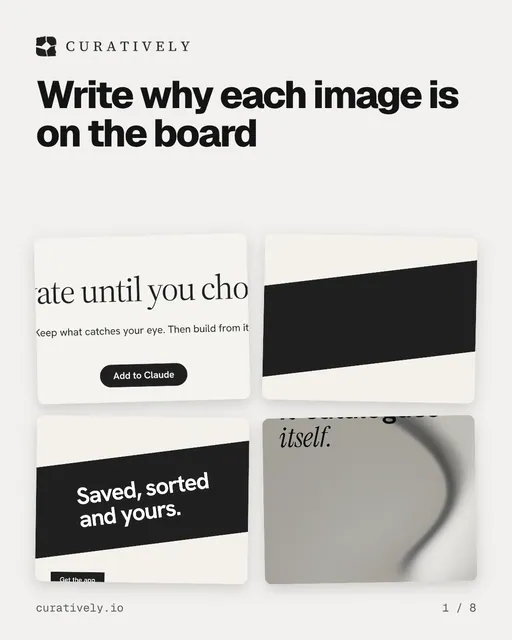 Carousel for Curatively: "Write why each image is on the board". Collection carousel, 8 slides, light palette.