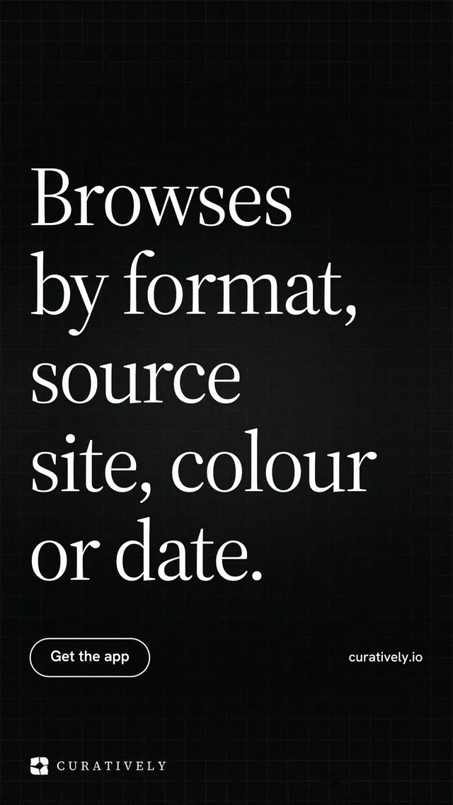 Instagram story for Curatively: "Browses by format, source site, colour or date." Phosphor atlas style, poster layout, dark palette in black.