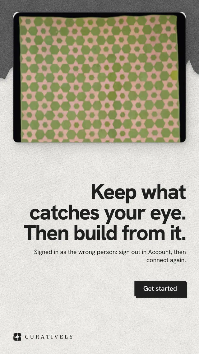Instagram story for Curatively: "Keep what catches your eye. Then build from it." Paper trio style, right layout, light palette in white, yellow, grey.