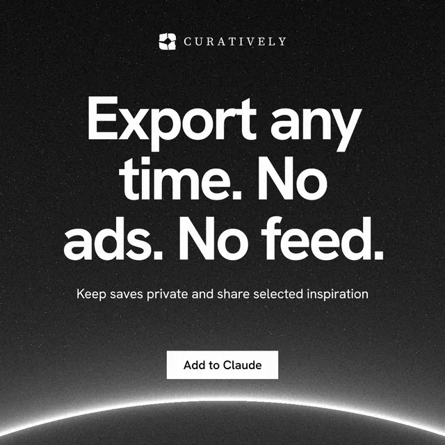 Instagram post for Curatively: "Export any time. No ads. No feed." Swiss style, centred layout, dark palette in black, grey.
