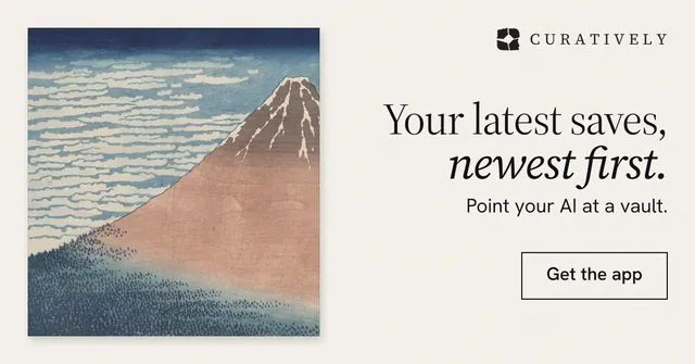 Social ad for Curatively: "Your latest saves, newest first." Editorial style, right layout, light palette in white, grey.