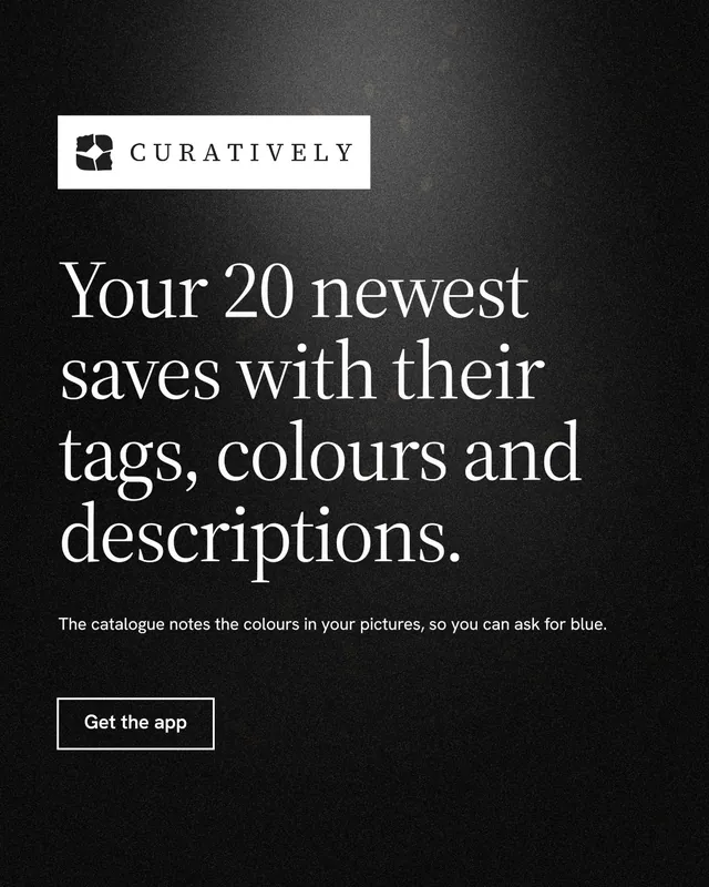 Instagram portrait post for Curatively: "Your 20 newest saves with their tags, colours and descriptions." Dark deco style, announce layout, dark palette in black, grey.