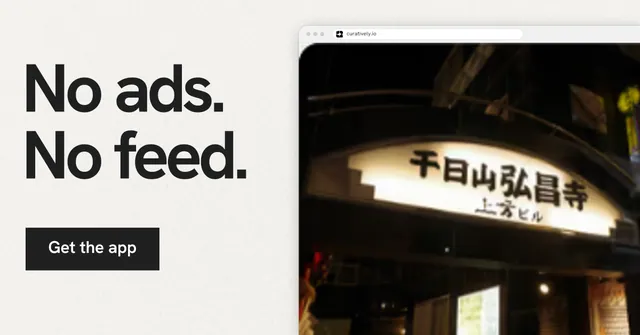Social ad for Curatively: "No ads. No feed." Swiss style, browser layout, light palette in white, black, grey.