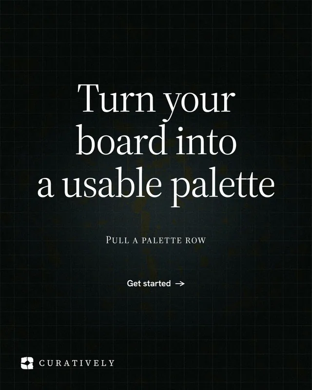 Instagram portrait post for Curatively: "Turn your board into a usable palette". Phosphor atlas style, smallcaps layout, dark palette in black, grey.