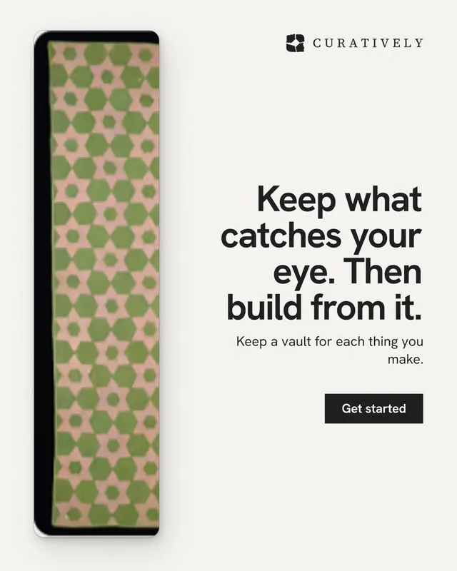 Instagram portrait post for Curatively: "Keep what catches your eye. Then build from it." Swiss style, right layout, light palette in white, grey.