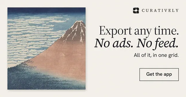 Social ad for Curatively: "Export any time. No ads. No feed." Editorial style, right layout, light palette in grey, white.