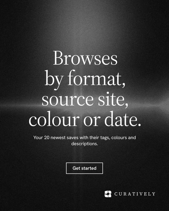 Instagram portrait post for Curatively: "Browses by format, source site, colour or date." Dark deco style, centred layout, dark palette in black, grey.
