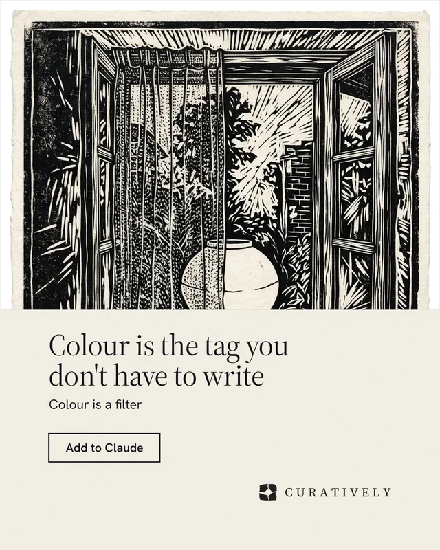Instagram portrait post for Curatively: "Colour is the tag you don't have to write". Editorial style, bottom layout, light palette in yellow, black, grey.