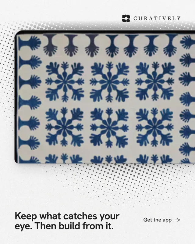 Instagram portrait post for Curatively: "Keep what catches your eye. Then build from it." Swiss style, image led layout, light palette in grey, blue, white.