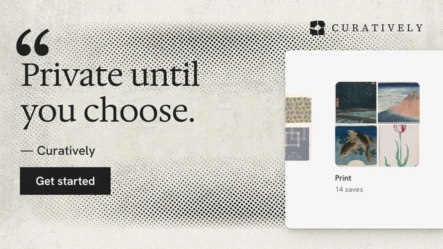 Landscape graphic for Curatively: "Private until you choose." Ink sticker style, quote layout, light palette in grey, white, orange.